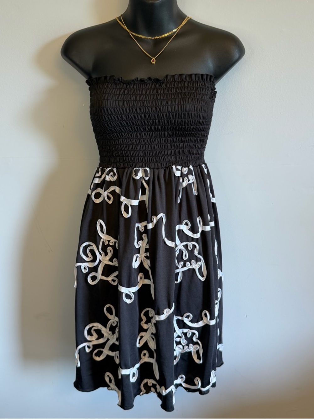 Black Strapless Smocked Sundress with White Swirl Print